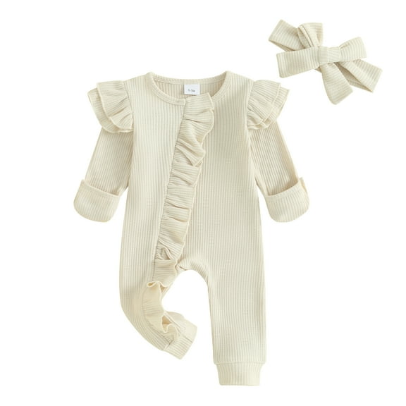 Musuos Newborn Girl Autumn Jumpsuit 3 6 12M Solid Color Round Neck Flying Sleeve Ruffled Zipper Romper with Bow Headband