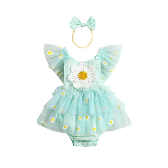 Musuos Newborn Girl Cute Summer Outfit, 3M 6M 12M 18M Fly Sleeve Flower Embroidery Romper Dress with Bow Hairband Set