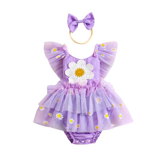Musuos Newborn Girl Cute Summer Outfit, 3M 6M 12M 18M Fly Sleeve Flower Embroidery Romper Dress with Bow Hairband Set