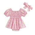 thumbnail image 1 of Musuos Newborn Girl Cute Summer Outfit, 3M 6M 12M 18M Short Sleeve Off-shoulder Flower Print Romper Dress with Headband Clothes, 1 of 10