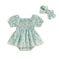 thumbnail image 1 of Musuos Newborn Girl Cute Summer Outfit, 3M 6M 12M 18M Short Sleeve Off-shoulder Flower Print Romper Dress with Headband Clothes, 1 of 10