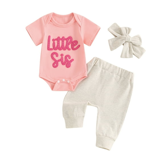 Musuos Newborn Girl Cute Summer Outfits 3M 6MK Letter Embroidered Short Sleeve Rompers Long Pants Headband 3Pcs Clothes Set