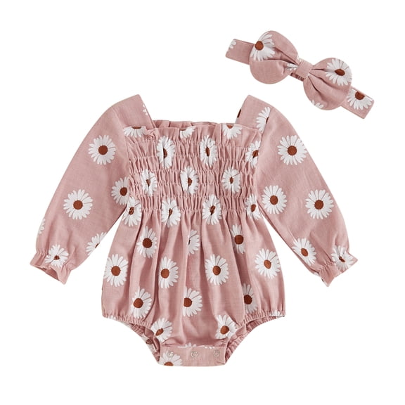 Musuos Newborn Girl Fall Outfit, 0-18M Long Sleeve Square Neck Flower Print Romper with Hairband Fall Clothes