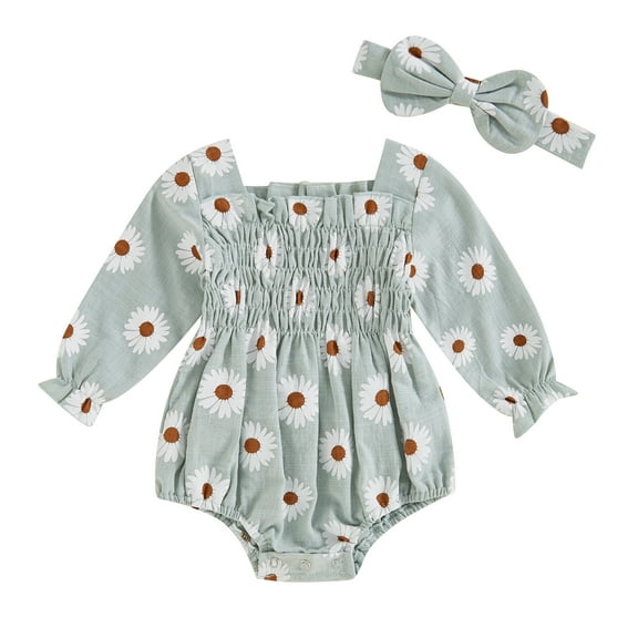 Musuos Newborn Girl Fall Outfit, 0-18M Long Sleeve Square Neck Flower Print Romper with Hairband Fall Clothes