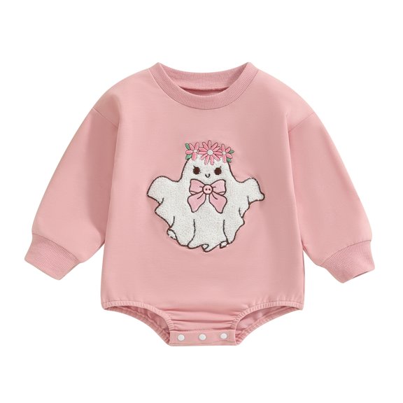 Musuos Newborn Girl Halloween Rompers 3M 6M 12M 18M Crew Neck Long Sleeve Fuzzy Ghost Embroidered Jumpsuits Infant Fall Clothes