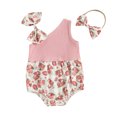 thumbnail image 1 of Musuos Newborn Girl Outfit, 3 6 12 18M Asymmetric Flower Print Sleeveless Romper with Bow Hairband Summer Clothes, 1 of 10