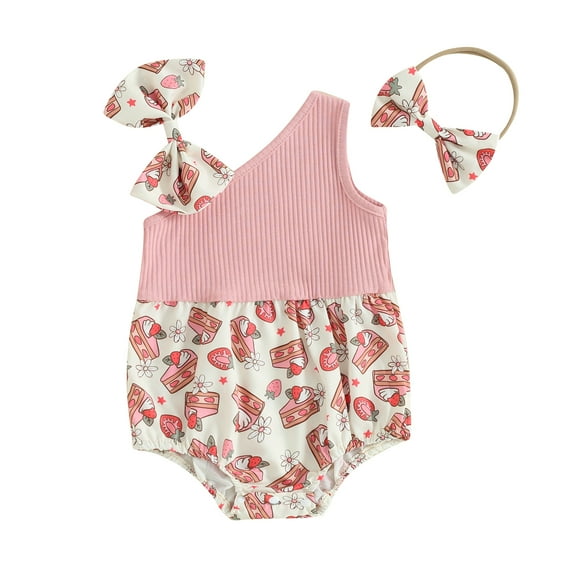 Musuos Newborn Girl Outfit, 3 6 12 18M Asymmetric Flower Print Sleeveless Romper with Bow Hairband Summer Clothes