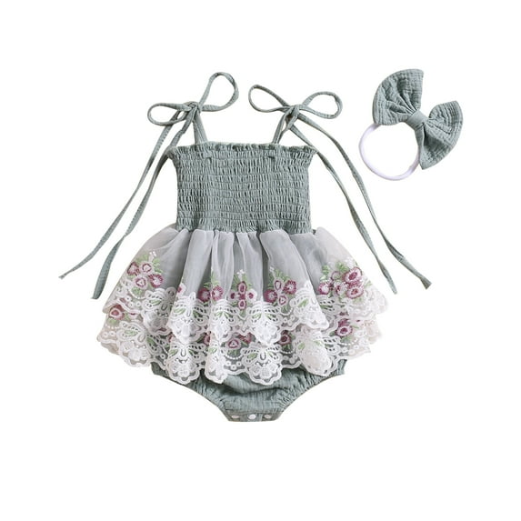Musuos Newborn Girl Outfit, 3 6 12 18M Tie-up Embroidery Flower Romper Dress with Bowknot Hairband Summer Clothes