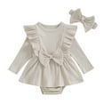 thumbnail image 1 of Musuos Newborn Girl Outfit, 3 6 9 12 18M Long Sleeve Crew Neck Bow A-line Romper Dress with Headband Clothes, 1 of 10