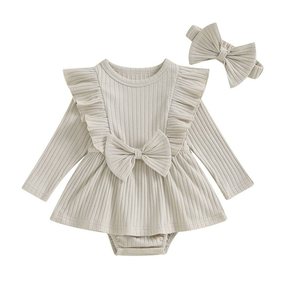 Musuos Newborn Girl Outfit, 3 6 9 12 18M Long Sleeve Crew Neck Bow A-line Romper Dress with Headband Clothes