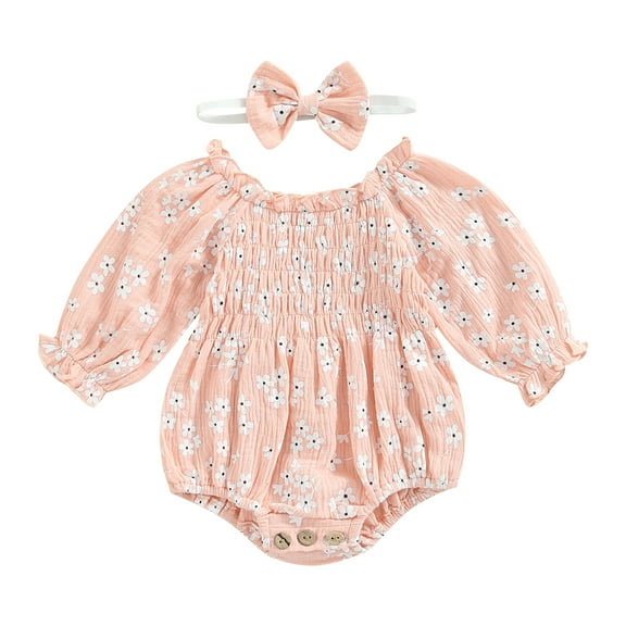 Musuos Newborn Girl Romper Outfits, 6 12 18 24M Long Sleeve Floral Printed Pleated Romper Cute Bow-Knot Headband Set