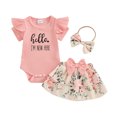 thumbnail image 1 of Musuos Newborn Girl Skirt Set 3M 6M Ribbed Letter Print Short Sleeve Romper Floral Print Ruffles Skirts Headband 3Pcs Clothes Set, 1 of 8