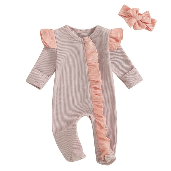 Musuos Newborn Girl Sping Fall Romper Set, 0-12M Long Sleeve Frills Zipped Contrast Color Footies Jumpsuit Headband Baby Clothes