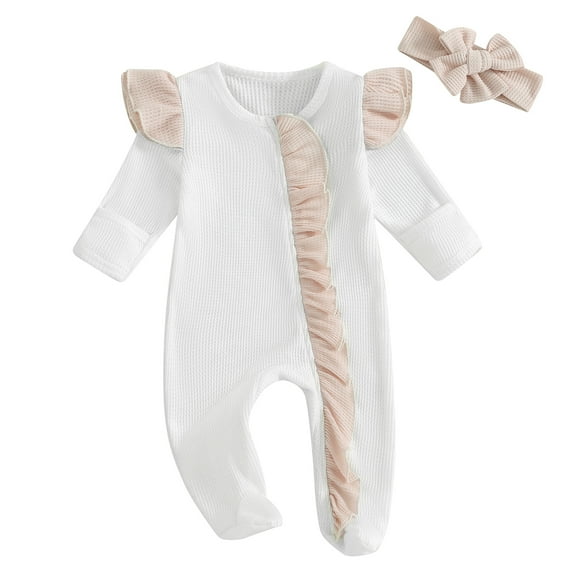 Musuos Newborn Girl Sping Fall Romper Set, 0-12M Long Sleeve Frills Zipped Contrast Color Footies Jumpsuit   Headband Baby Clothes