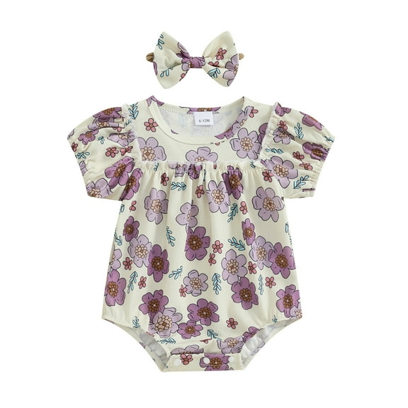 Musuos Newborn Girl Summer Outfit, 0-18Months Short Sleeve Crewneck Flower Print Bodysuit with Bowknot Headband 3PCS Clothes Set