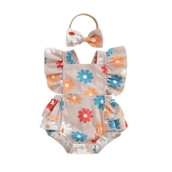 Musuos Newborn Girl Summer Outfit, 3 6 12 18Months Flower Strawberry Print Fly Sleeve Romper with Hairband Summer Clothes