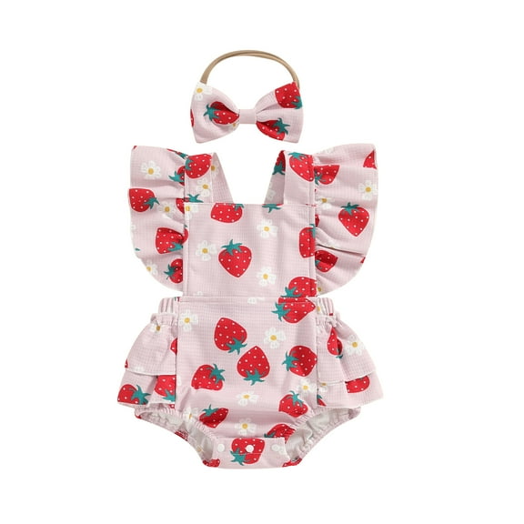 Musuos Newborn Girl Summer Outfit, 3 6 12 18Months Flower Strawberry Print Fly Sleeve Romper with Hairband Summer Clothes