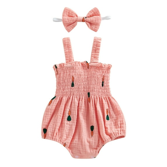 Musuos Newborn Girl Summer Outfit, Cherry Print Shirred Sleeveless Romper + Bow Headband 2 Piece Set