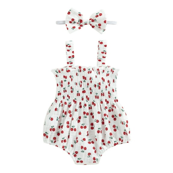 Musuos Newborn Girl Summer Outfit, Cherry Print Shirred Sleeveless Romper + Bow Headband 2 Piece Set