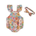 thumbnail image 1 of Musuos Newborn Girl Summer Romper Outfit, 3M 6M 12M 18N Fly Sleeve Flower Print Bodysuit with Hairband Baby Clothes, 1 of 9
