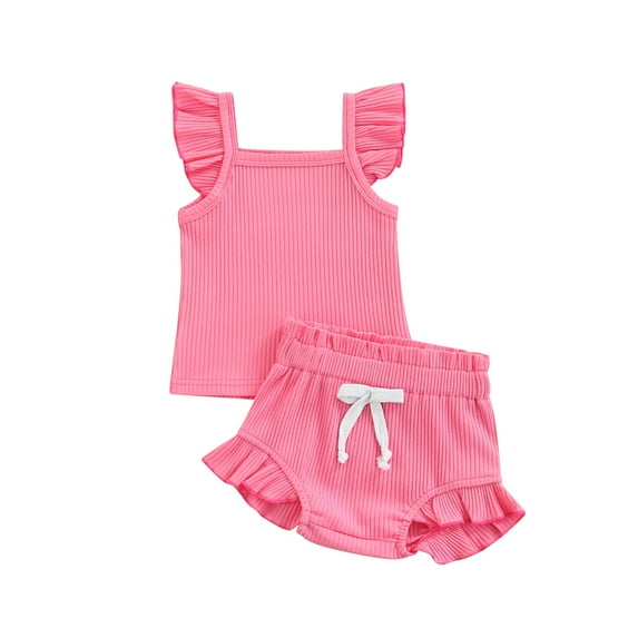 Musuos Newborn Girl Two-Piece Outfits, 6 12 18 24M Solid Color Flying Sleeve Romper + Elastic Drawstring Short Pants