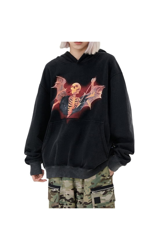 Oversized Hoodies for Men Women Long Sleeve Skull Demon Print Front Pocket Pullover Sweatshirts Streetwear