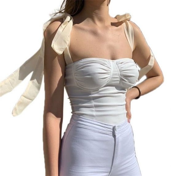 Musuos Sexy Women Bowknot tie Strap Shoulder Ruched Bust Crop Tank Top