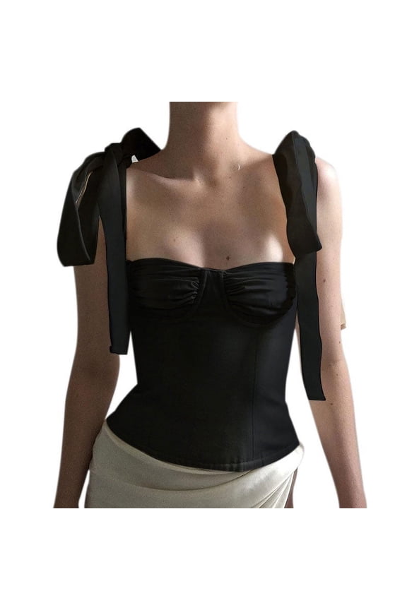 Sexy Women Bowknot tie Strap Shoulder Ruched Bust Crop Tank Top