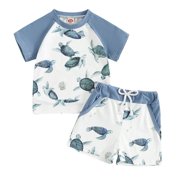 Musuos Toddle Boy Casual Shorts Set 0-3 Years Ocean Turtle Print Round Neck Raglan Shirt Drawstring Pockets Elastic Waist Short Outfit