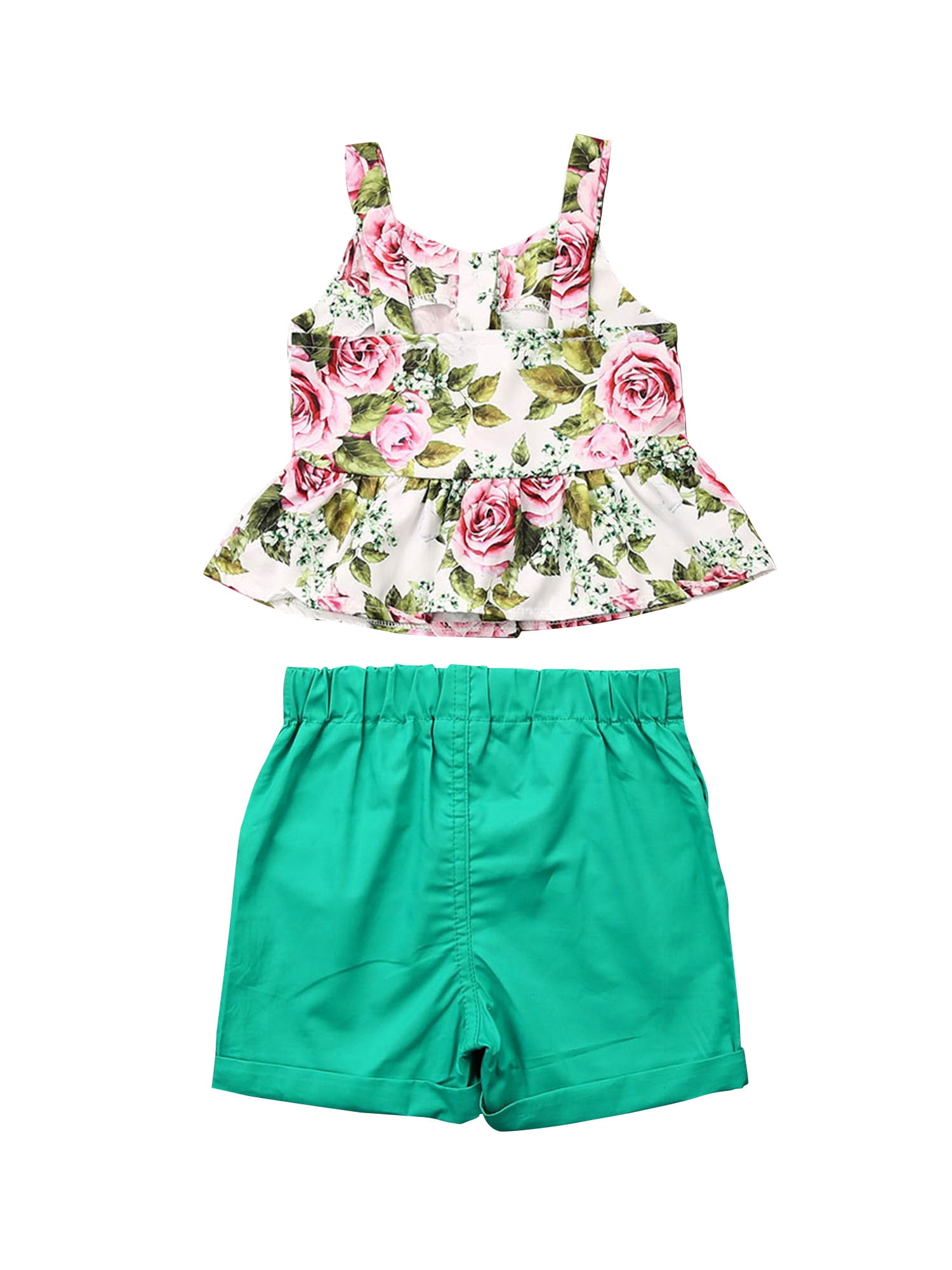 2-piece Kid Girl Floral Print Ruffled Sleeveless Top and White Shorts Set
