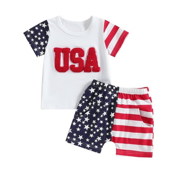 Musuos Toddler Baby Memorial Day Outfits 6 12 18 24M 3Y Letter Embroidery Short Sleeve T-Shirt and Shorts Set Girl Boy Summer Clothes