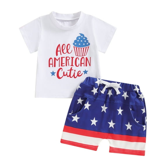 Musuos Toddler Baby Patriotic Outfits 6 12 18 24M 3Y Letter Print Short Sleeve T-Shirt and Elastic Star Stripe Shorts Set 4th for July Clothes for Summer