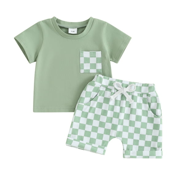 Musuos Toddler Baby Shorts Set, 6 12 18 24M Short Sleeve Crew Neck T-shirt with Plaid Shorts Summer 2-piece Outfit for Boys Girls