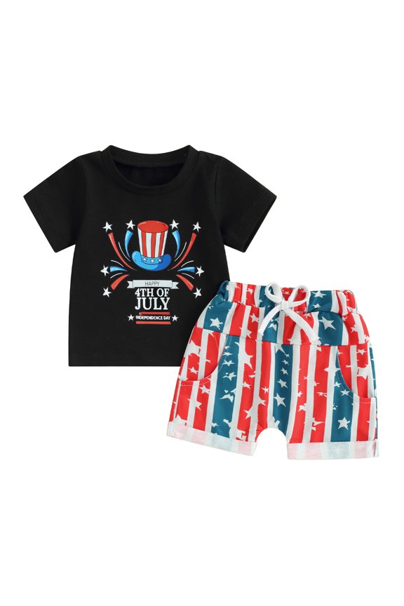 Toddler Boy 4th of July Casual Outfits, 6 12 18 24M 3 4Y Short Sleeve Letter Print Tops + Elastic Waist Star Print Shorts Independence Day Set