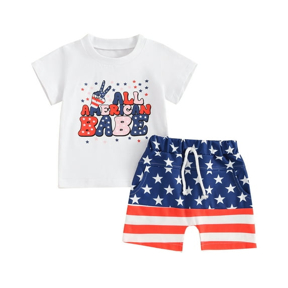 Musuos Toddler Boy 4th of July Outfit 6 12 18 24M 3Y Letter Gesture Print Short Sleeve Tops with StarStripe Shorts for Summer