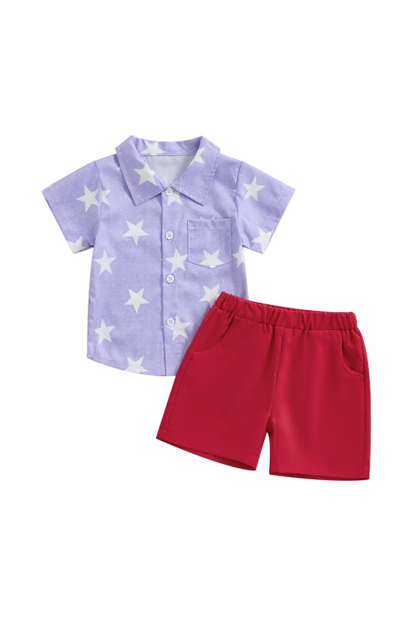 Toddler Boy 4th of July Outfits 6 12 18 24M 3 4Y Short Sleeve Star Print Button Down Shirt +Elastic Waist Shorts Set Summer Clothes