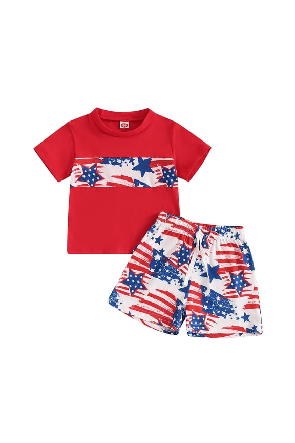Toddler Boy 4th of July Outfits 6 12 18 24M 3 4Y Short Sleeve Stars and Stripes Print T-shirt + Shorts Set Summer Casual Clothes