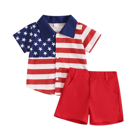 Musuos Toddler Boy 4th of July Outfits, 6 12 18 24M 3 4Y Star Striped Print Button Down Short Sleeve Lapel Shirt Elastic Waist Shorts Set