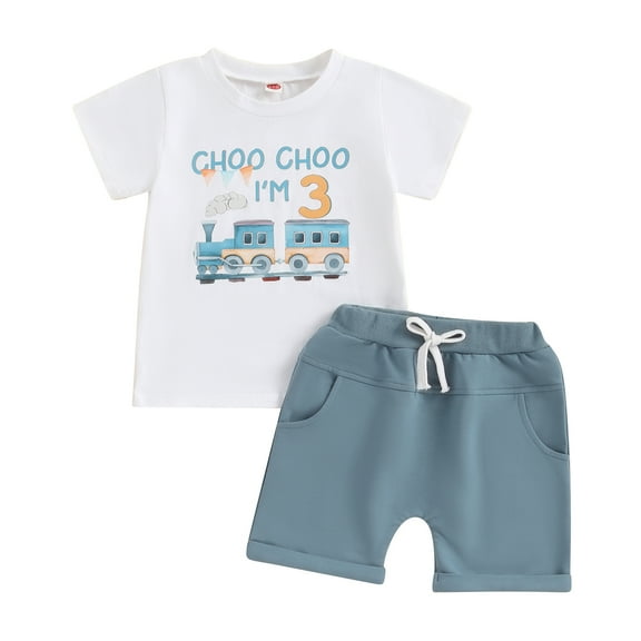Musuos Toddler Boy Birthday Outfit 18M 24M 3Y 4Y Train Letter Print Short Sleeve T-Shirt with Elastic Waist Shorts Summer 2 Pcs Set
