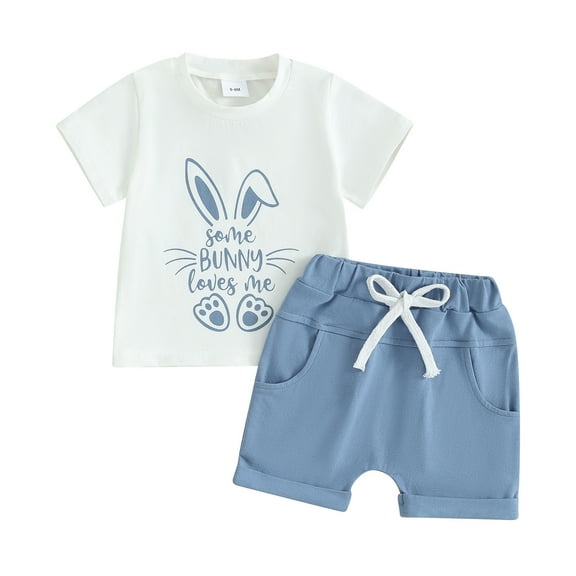 Musuos Toddler Boy Easter Clothes 6 12 18 24M 3T Bunny  Ear Print Short Sleeve T-Shirt with Elastic Waist Solid Color Shorts 2Pcs Outfit