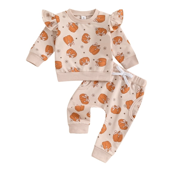 Musuos Toddler Boy Girl Halloween Outfit 0-3 Years Pumpkin Print Long Sleeve Sweatshirt with Elastic Waist Pants Set