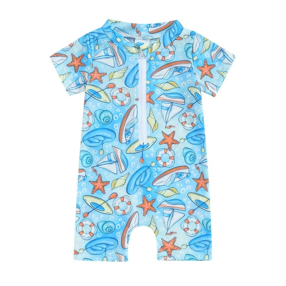 Musuos Toddler Boy One-pieces Swimsuit 3 6 12 118 24M 3T Short Sleeve Rash Guard Cute Sailboat Print  Zip Up Bathing Suit Swimwear
