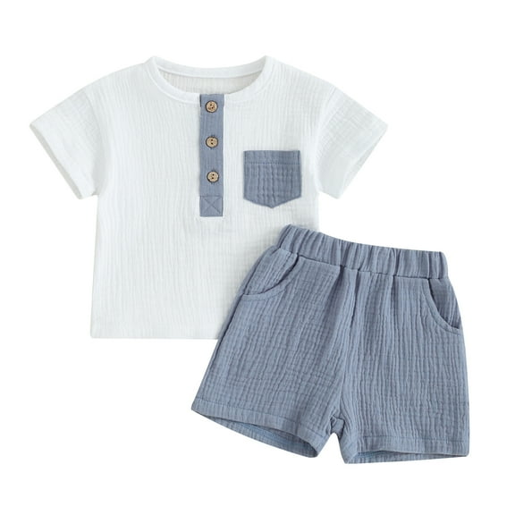 Musuos Toddler Boy Shorts Set 6 12 18 24M 3T Short Sleeve Round Neck Pocket Button T-Shirt with Shorts 2Pcs Summer Outfit