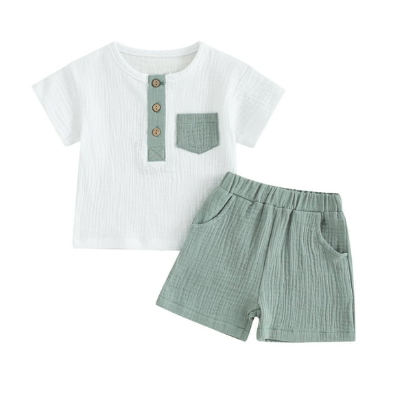 Musuos Toddler Boy Shorts Set 6 12 18 24M 3T Short Sleeve Round Neck Pocket Button T-Shirt with Shorts 2Pcs Summer Outfit