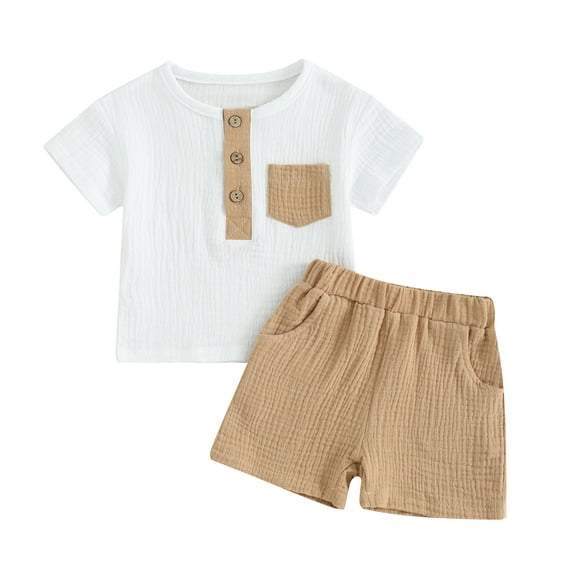 Musuos Toddler Boy Shorts Set 6 12 18 24M 3T Short Sleeve Round Neck Pocket Button T-Shirt with Shorts 2Pcs Summer Outfit