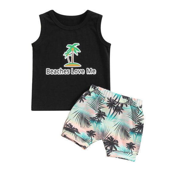 Musuos Toddler Boy Summer 2 Piece Outfits, 6 12 18 24M 3Y Crew Neck Sleeveless Letter Print Tank Tops + Elastic Waist Shorts Infant Set