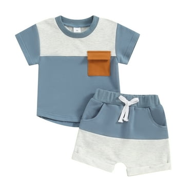 Musuos Toddler Boy Summer Clothes 6 12 18 24M 3T Contrast Color Short Sleeve Pocket T-Shirt with Elastic Waist Shorts 2Pcs Outfit