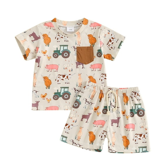 Musuos Toddler Boy Summer Farm Outfit 3 6 121 8 24M 3T Animal Print Pocket Short Sleeve Tops with Elastic Waist Shorts 2 Pcs Clothes