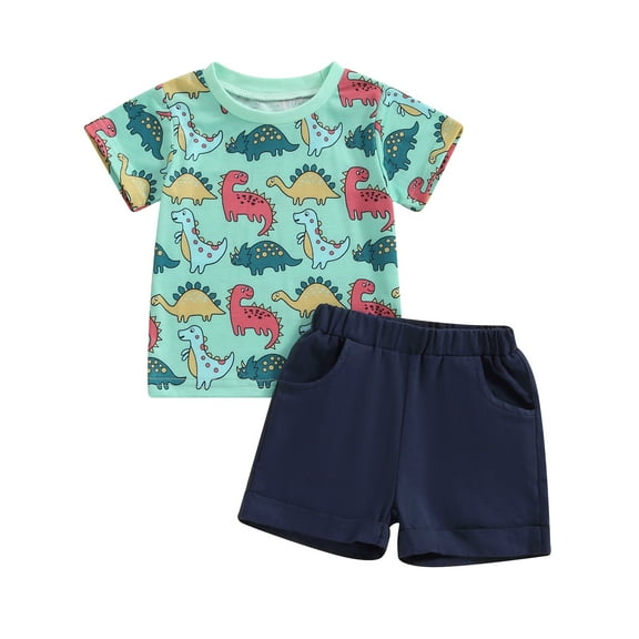 Musuos Toddler Boy Summer Outfit 3 6 12 18 24M 3Y Short Sleeve Dinosaur Print T-shirt with Elastic Waist Shorts Cute 2 Pcs Clothes