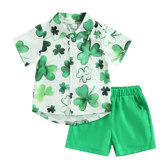 Musuos Toddler Boy Summer Outfits, 18 24 3 4 5T Shamrock Print Short Sleeve Lapel Shirt + Solid Color Elastic Waist Shorts